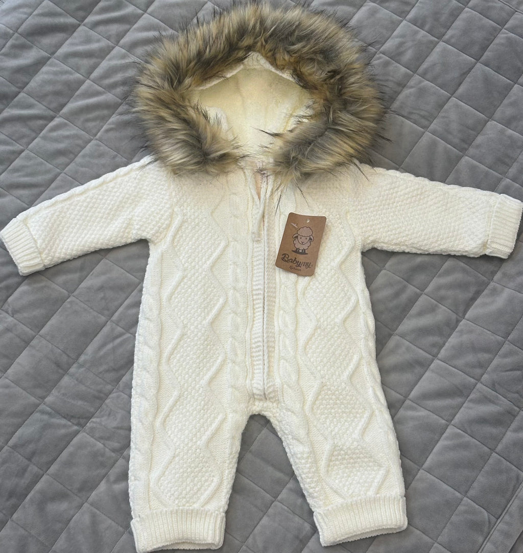 Cable knit fur lined hooded romper with fur trim hood